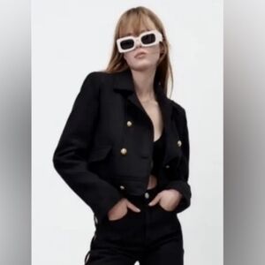 Zara Military Double Breasted Cropped Black Jacket